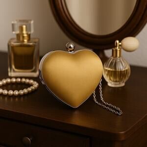 Vintage heart shaped gold satin clutch evening bag with kiss lock Formal handbag